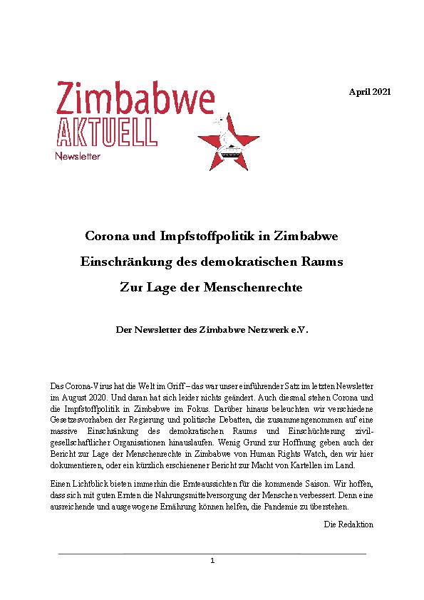 Zimbabwe Aktuell April 2021 -  Corona und Impfstoffpolitik in Zimbabwe - Einschränkung des demokratischen Raums - Zur Lage der Menschenrechte